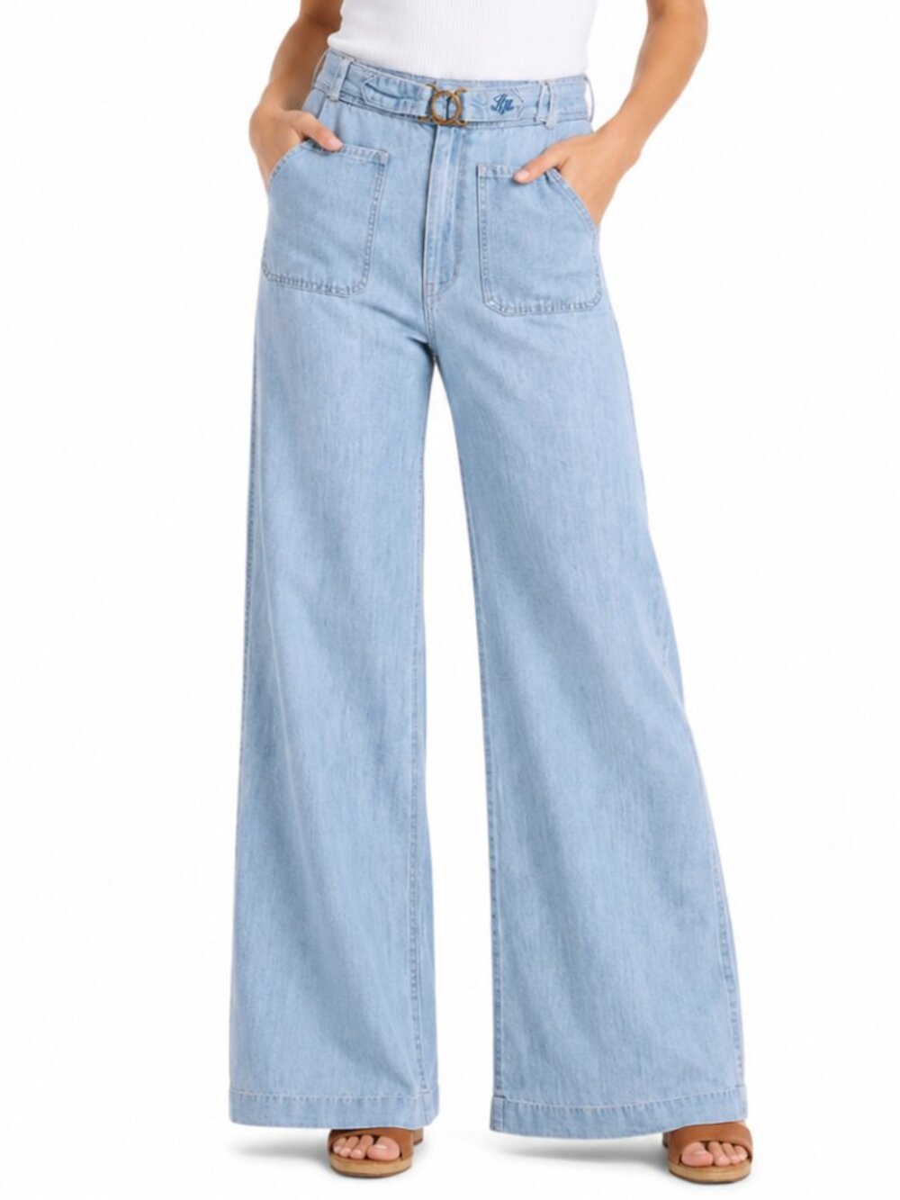 Polo Ralph Lauren Wide Leg Jeans 31 Long 70s High Rise Patch Pocket Linen Blend